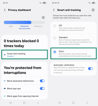 Two Android screenshots side by side showing the "Privacy dashboard" and "Smart anti-tracking" pages. The "Smart anti-tracking" and "Strict" options are highlighted.