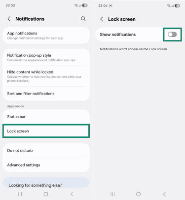 Two Android screenshots side by side showing the "Notifications" and "Lock screen" pages. The "Lock screen" and on and off toggle for "Show notifications" are highlighted.