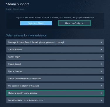 The "My Account" Steam support page. The "Help, I can't sign in" and "Help me sign in to my account" buttons are highlighted.