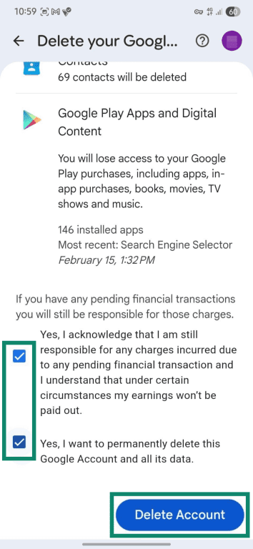 Confirmation steps to delete Android Google account.