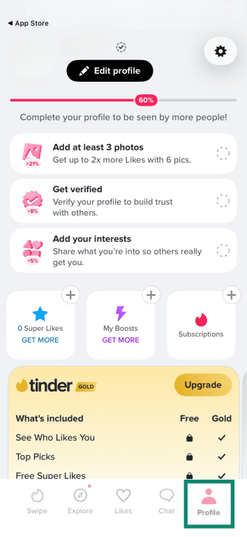 The iOS Tinder app, highlighting the profile icon in the bottom right corner.