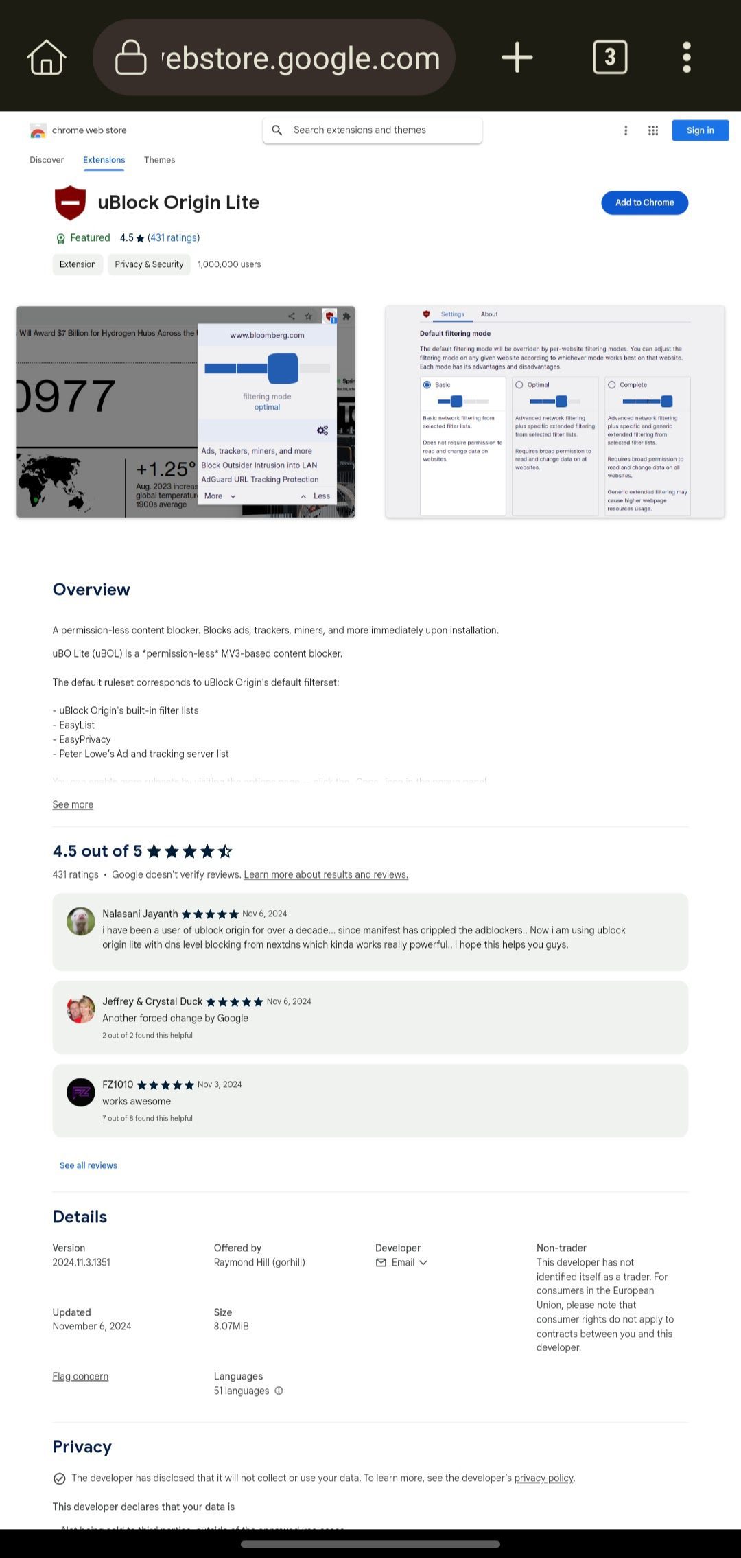 uBlock Origin Lite in Chrome Web Store.