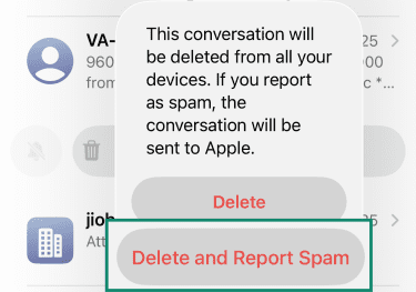 iPhone spam report dialog with Delete and Delete and Report Spam options.