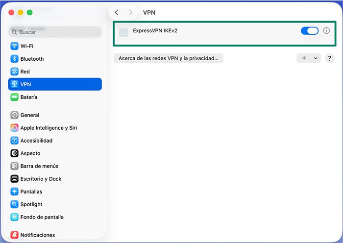 VPN tab on macOS, showing an ExpressVPN IKev2 connection.