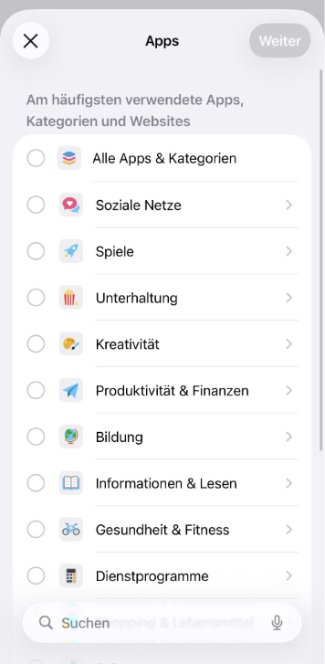 App category selection screen for setting daily limits.