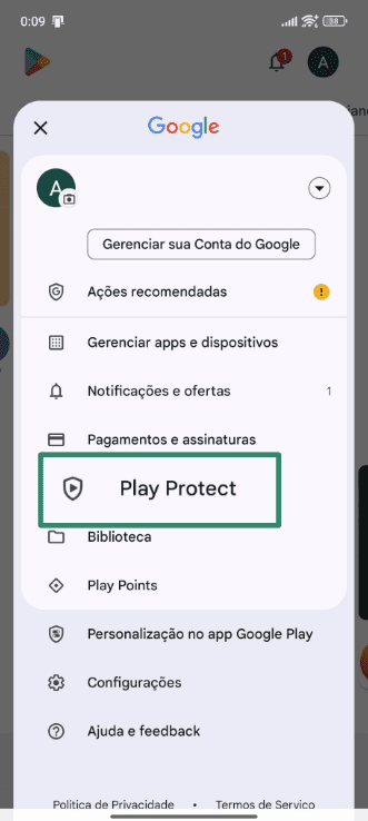 Google Play Store menu highlighting Play Protect option.