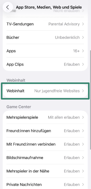 iPhone screen showing Web Content restriction setting.