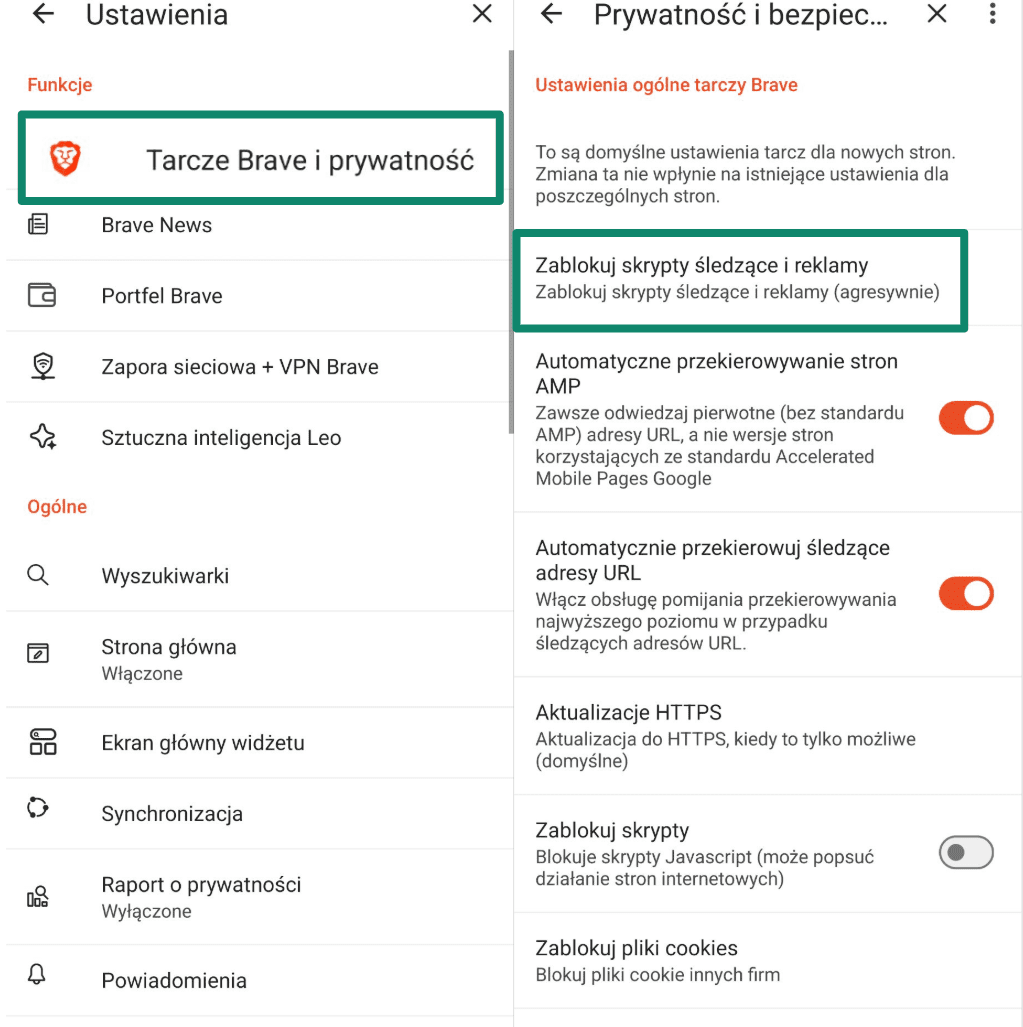 Brave browser privacy settings to block ads and trackers on Android.