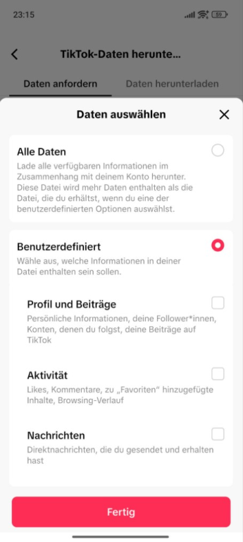Screenshot showing the selection of personal TikTok data to be downloaded