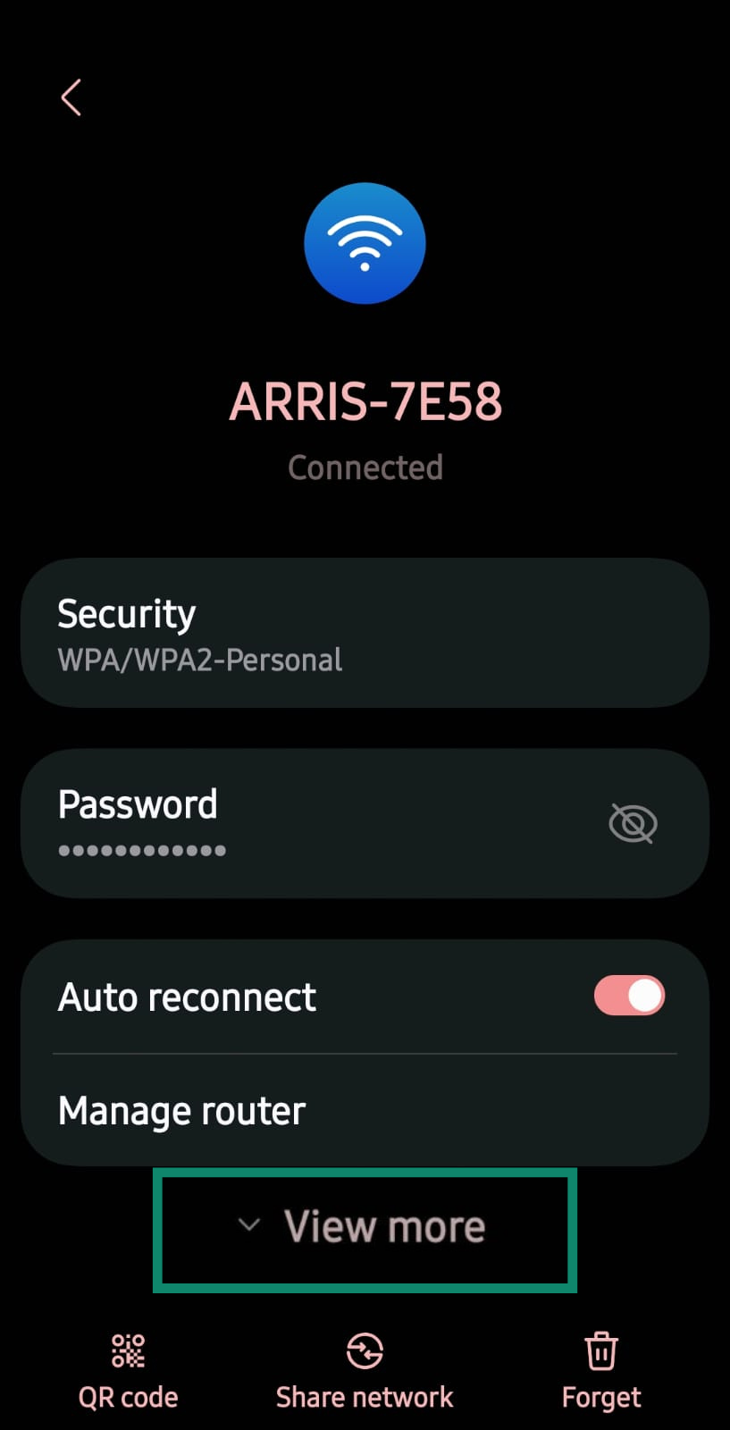 View more button highlighted under the connected Wi-Fi network on Android.