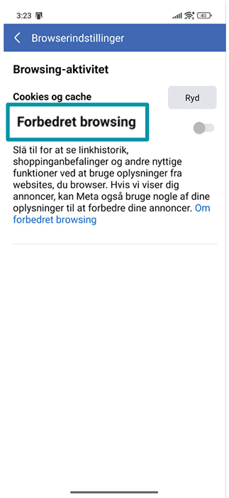Facebook mobile app Browser settings with the Enhanced browsing toggle highlighted.