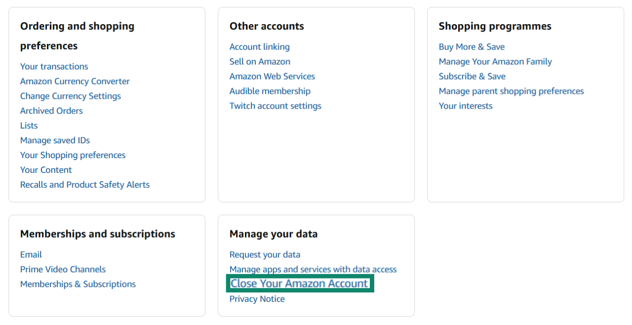 Accessing the Close Your Amazon Account page on Amazon for desktop.