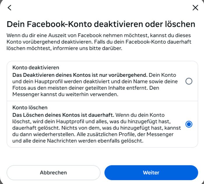 Deactivating or deleting your Facebook account selection screen.