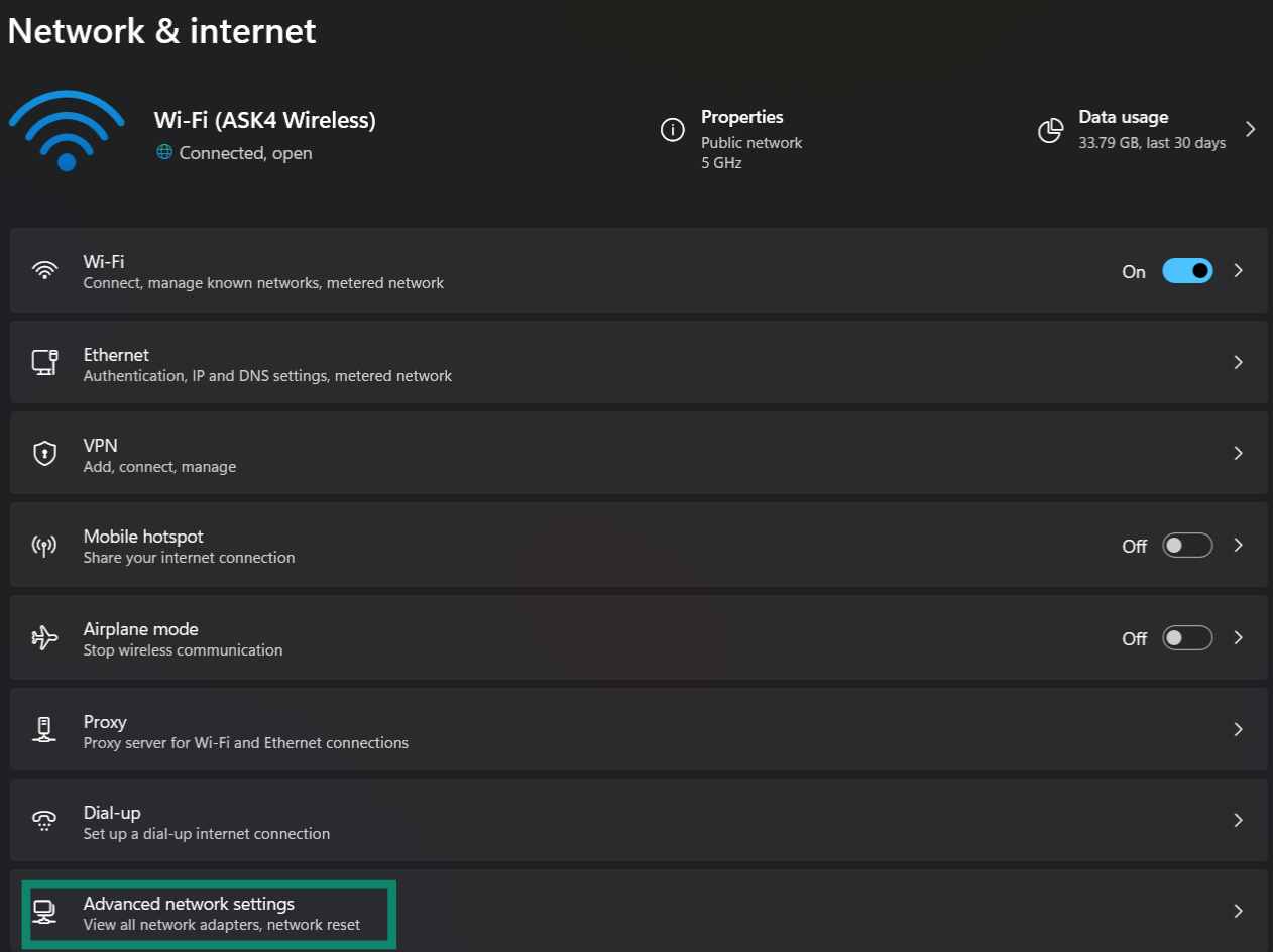 Accessing Advanced network settings on Windows.