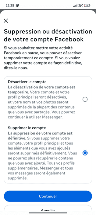 Facebook Android app selection screen for deactivating or deleting your Facebook account.