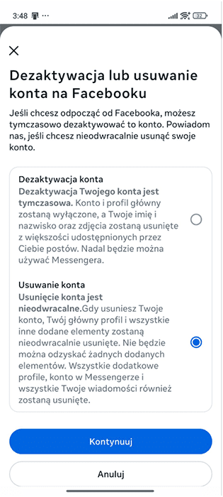 Facebook Android app selection screen for deactivating or deleting your Facebook account.