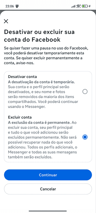 Facebook Android app selection screen for deactivating or deleting your Facebook account.