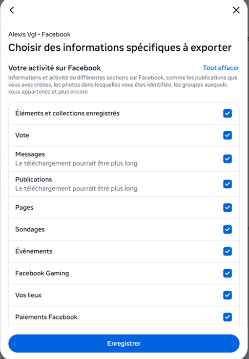 Facebook choosing what activity information to export.