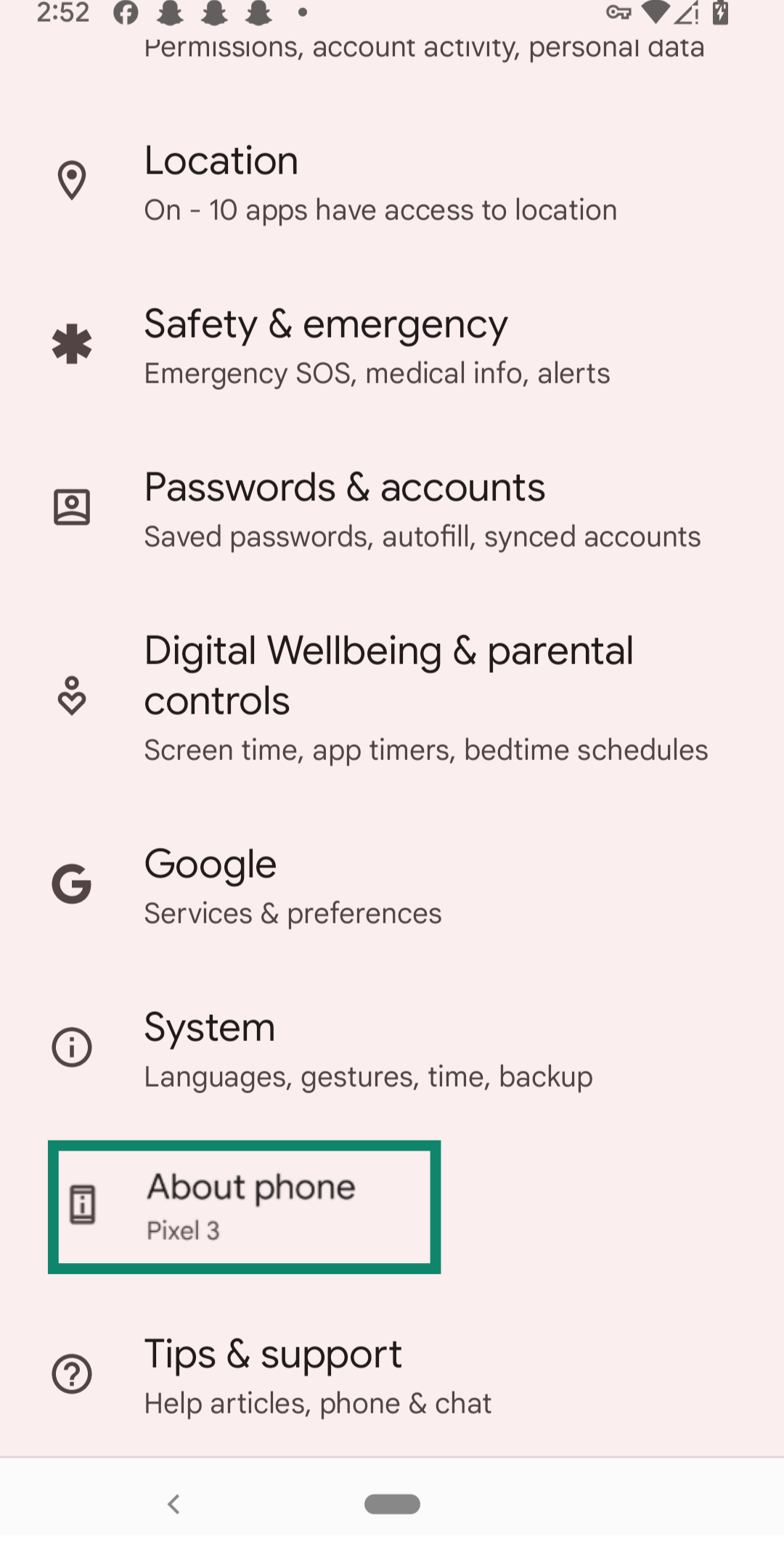 Android screen showing the main Settings menu with the "About phone" option highlighted.