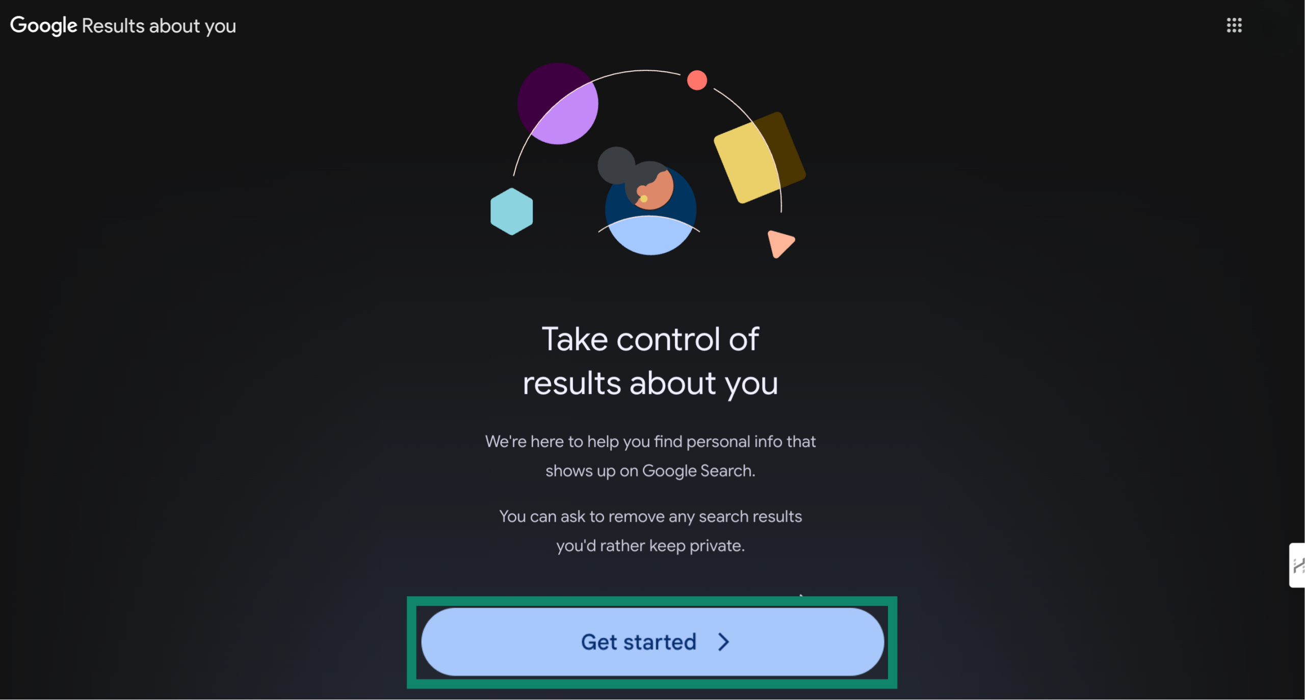 Google results removal page with the Get started button highlighted.