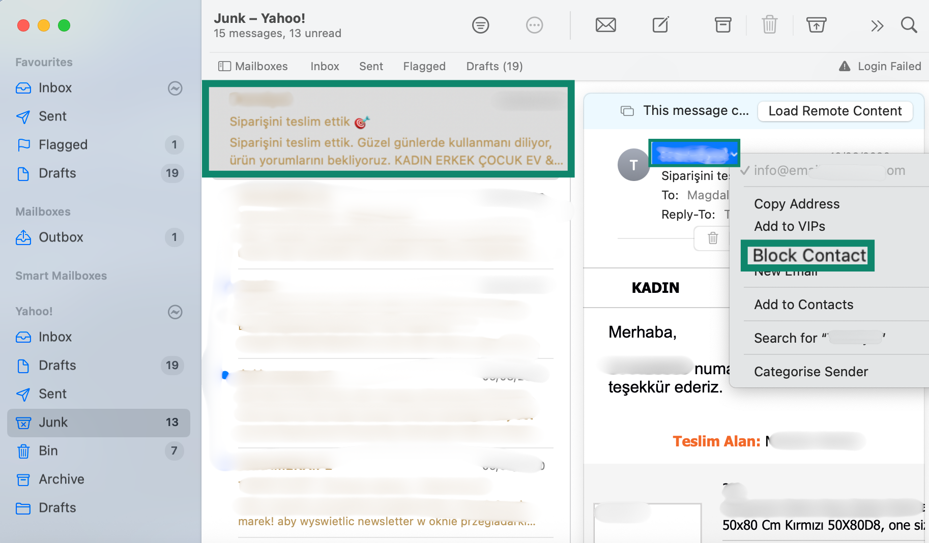 Blocking contacts in the Apple Mail.