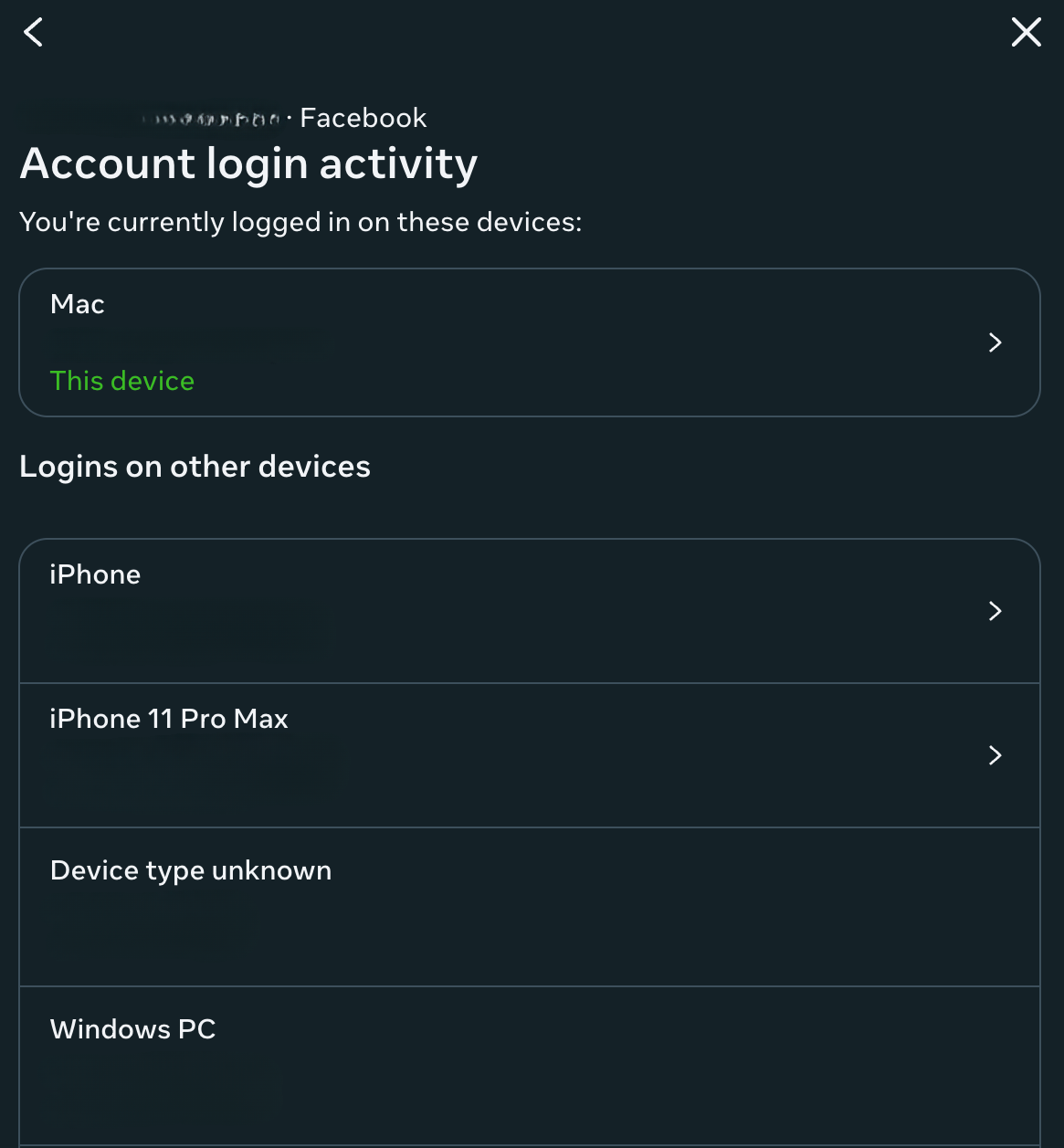 Facebook active sessions page.