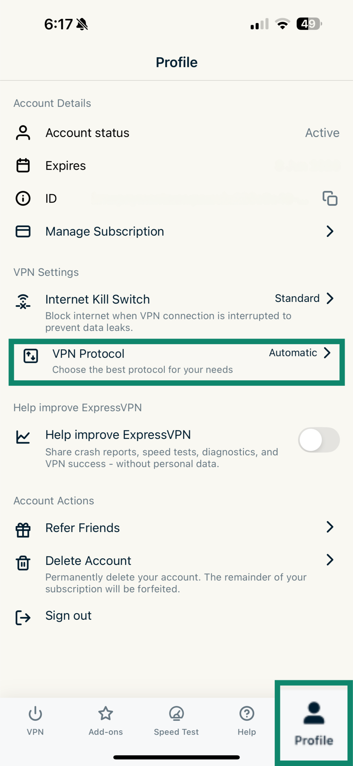 Screenshot of the ExpressVPN app with the “Profile” tab open and “VPN Protocol” option highlighted