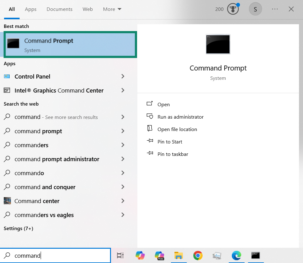 Windows search for Command Prompt app highlighted
