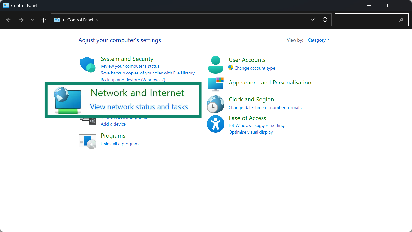 In the Control Panel menu, select the Network and Internet option.