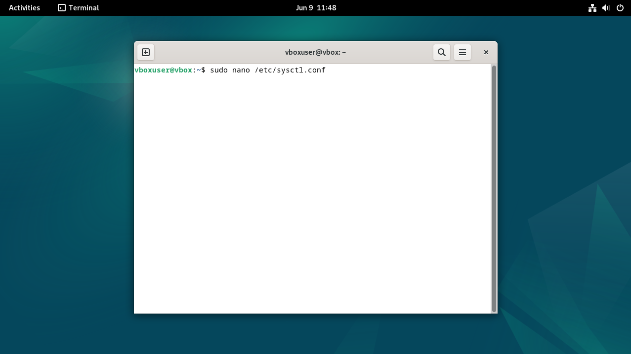 Linux Debian Terminal with the command to open the /etc/sysctl.conf file typed into it.