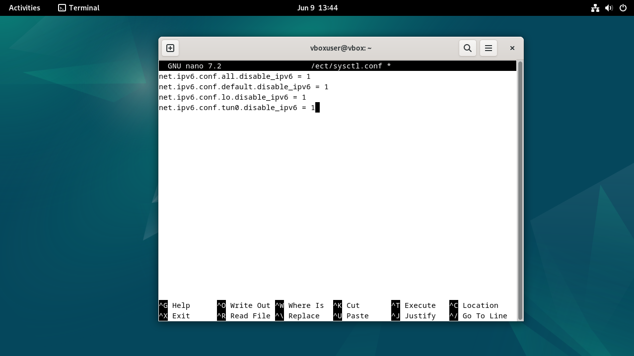Linux Debian Terminal with the commands to disable IPv6 typed into it.