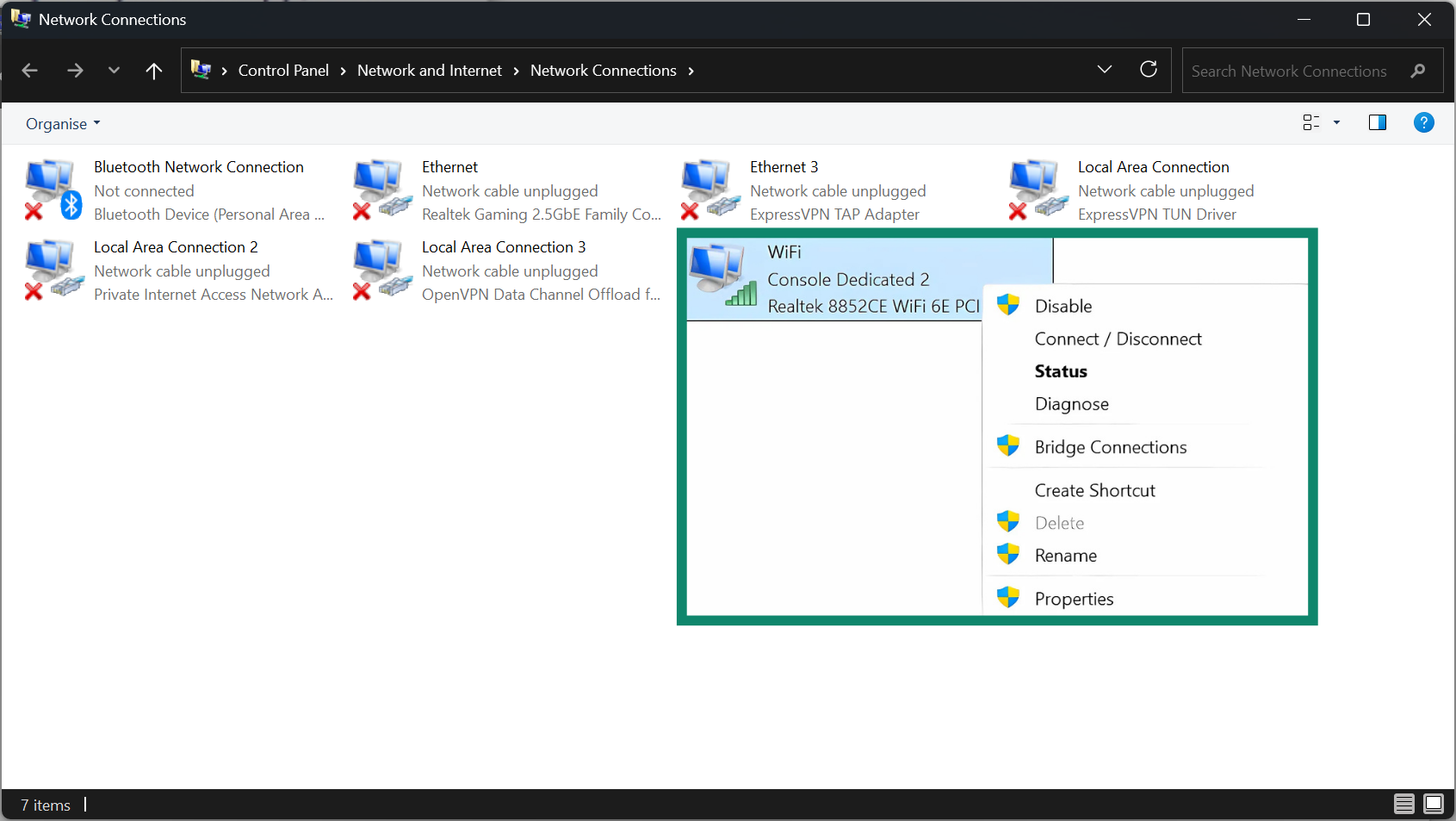 In the Change adapter settings, access the properties of your currently active network connection.