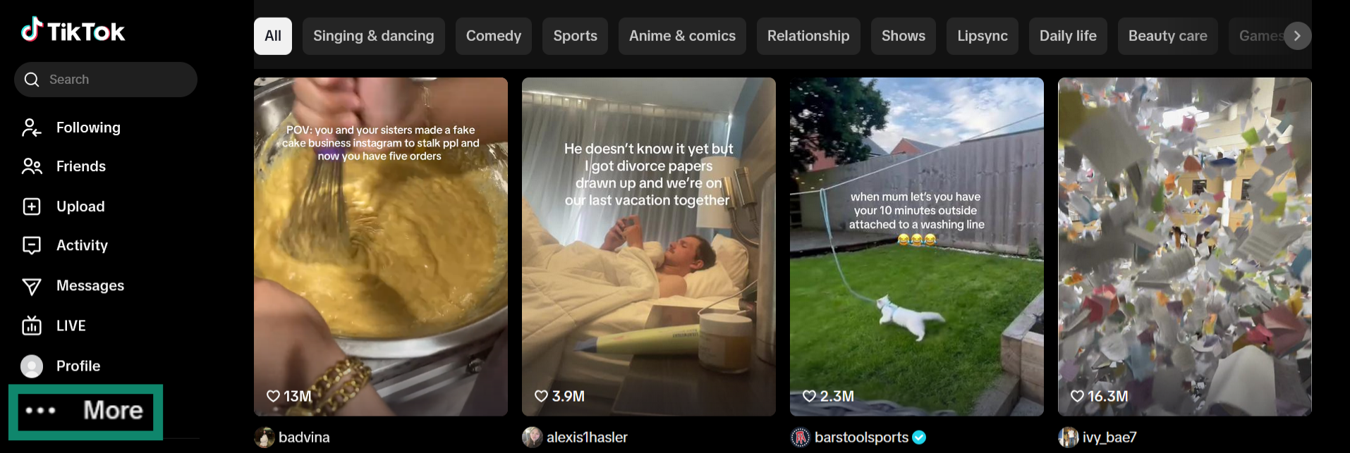 Screenshot showing how to open the sidebar in TikTok's desktop website