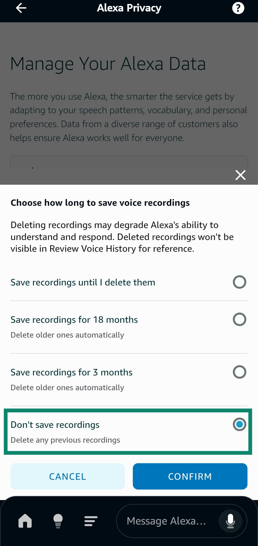 Using the Amazon app to configure Alexa to not save any recordings.