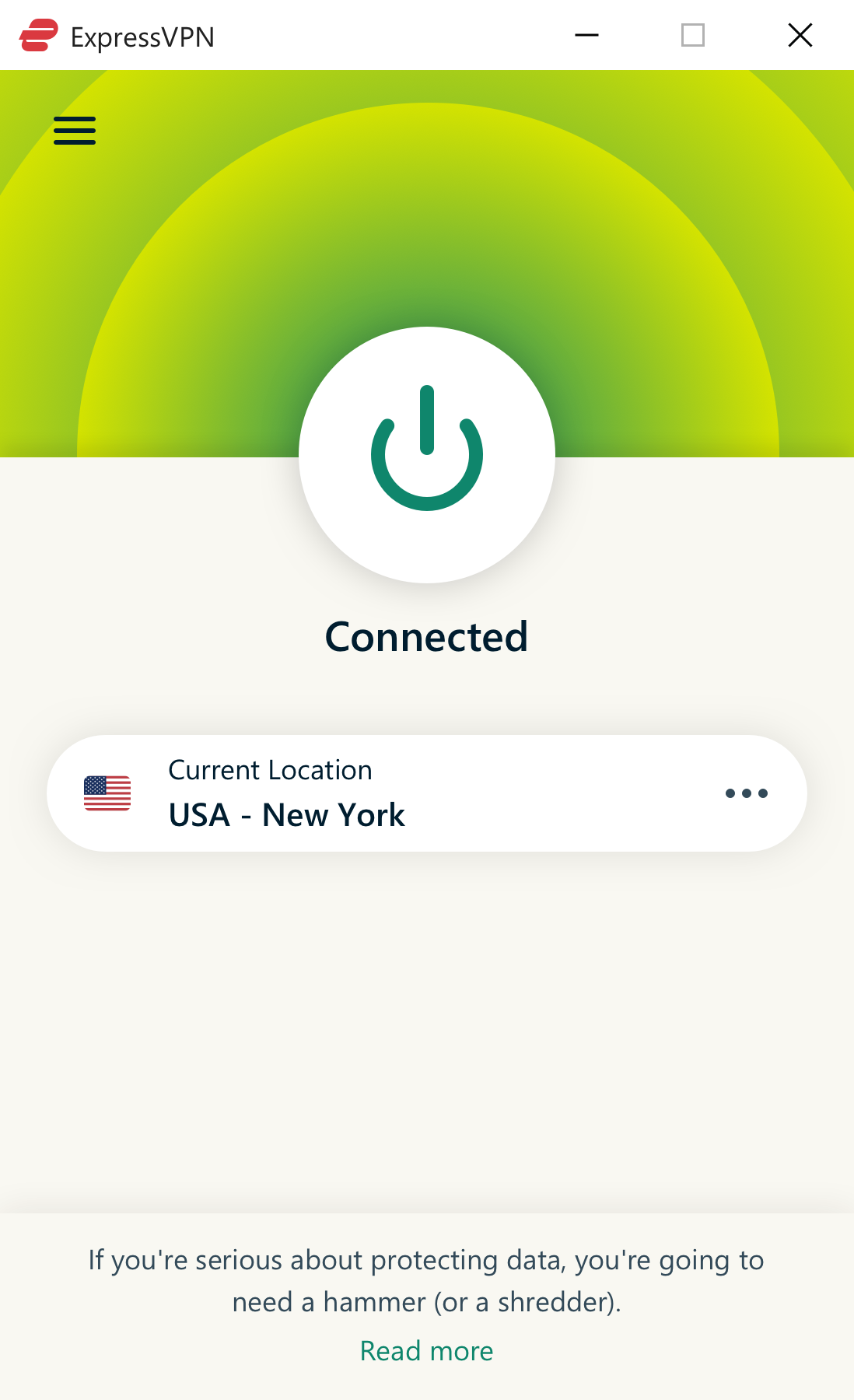 ExpressVPN app connected to a VPN server in the U.S.