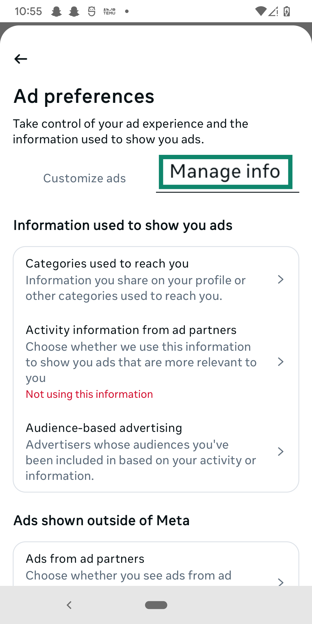 Choosing the Manage info field within Ad preferences.