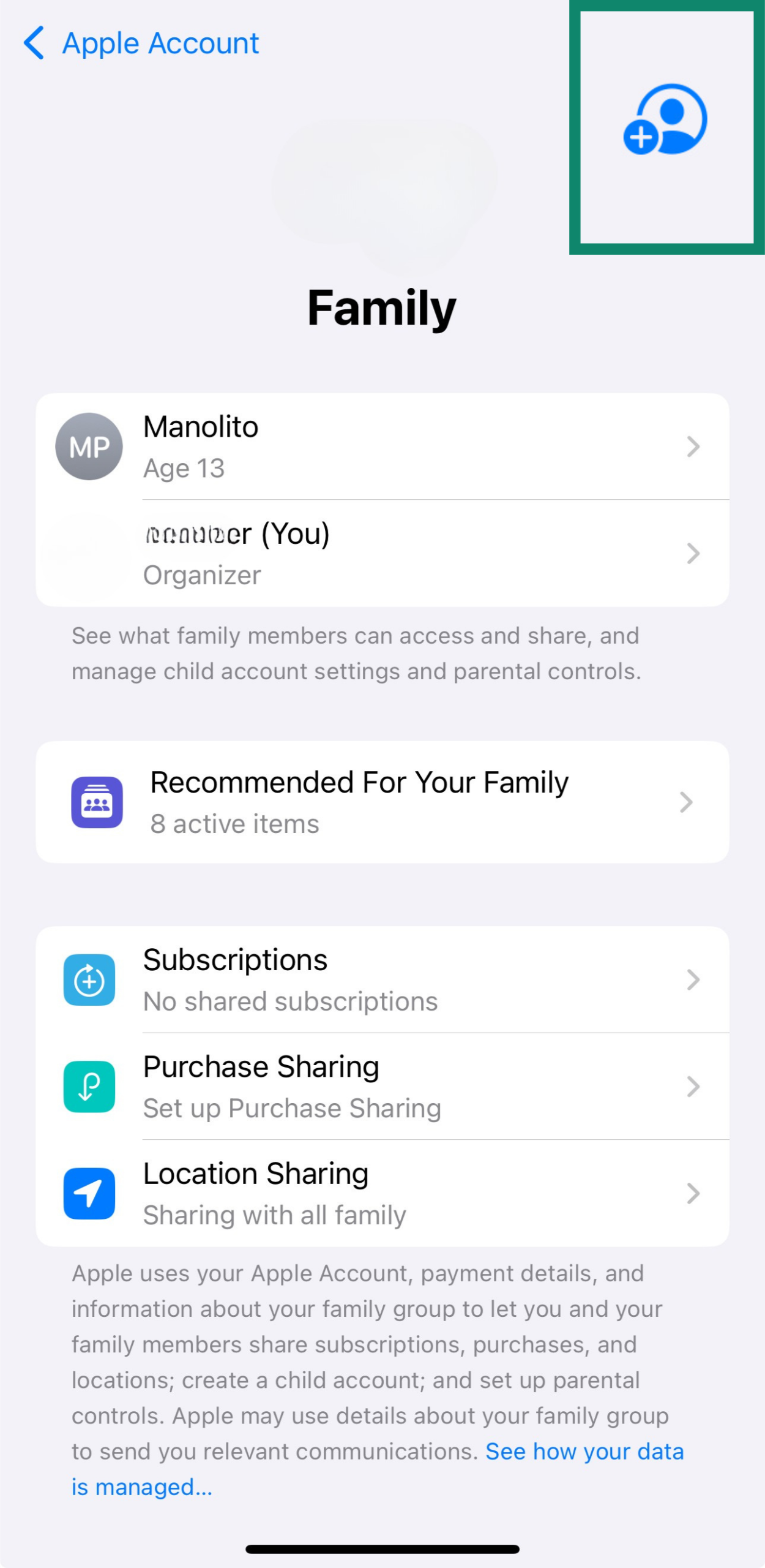 Add Member button in Family Sharing settings on iPhone