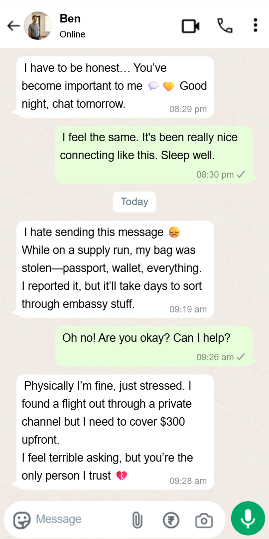 A WhatsApp scam example where a contact claims they sent a verification code by accident, asking, 