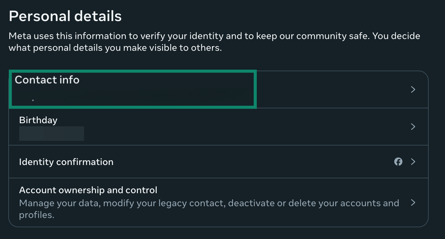 Contact info highlighted in Facebook settings.