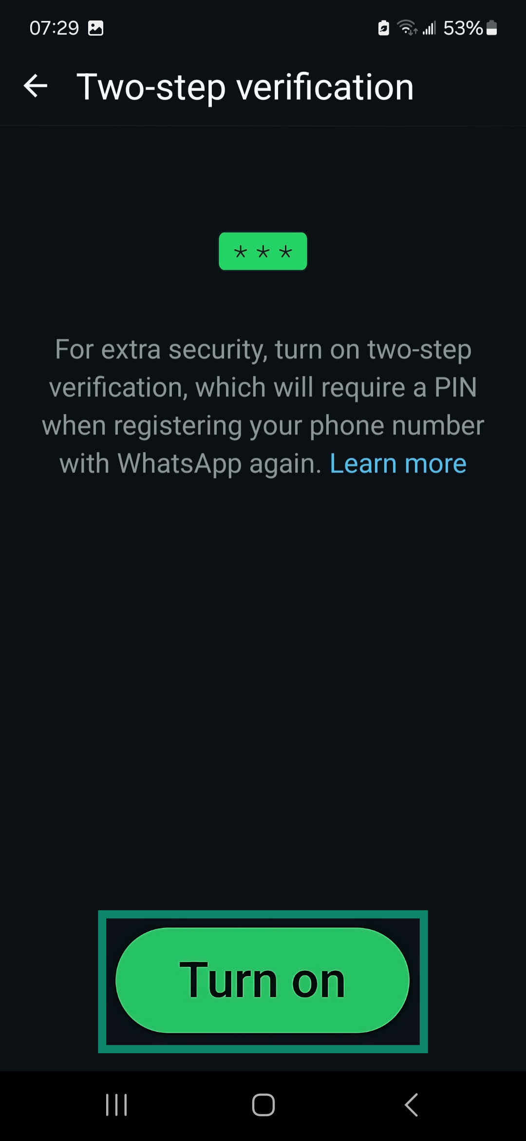 WhatsApp Two-step verification screen highlighting the Turn on button.