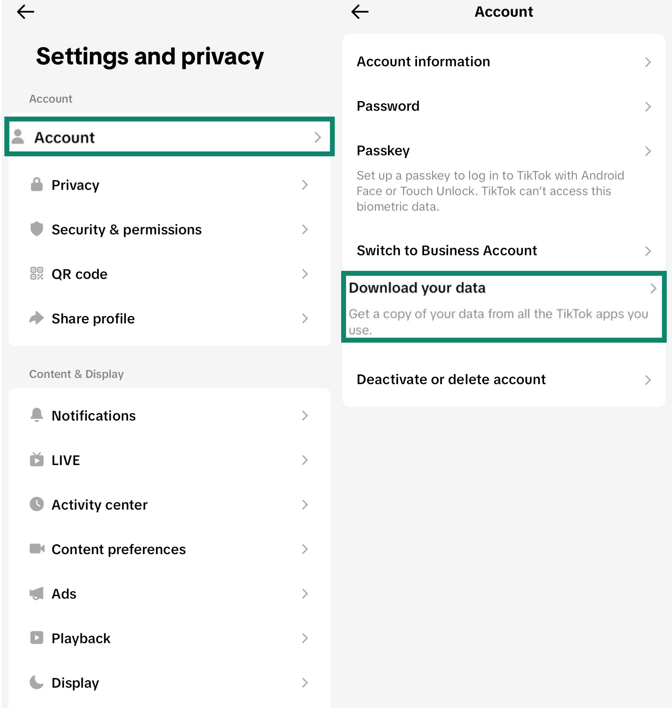 Screenshot showing how to access the Account menu in TikTok's settings (left) and download your data in the Account menu (right)