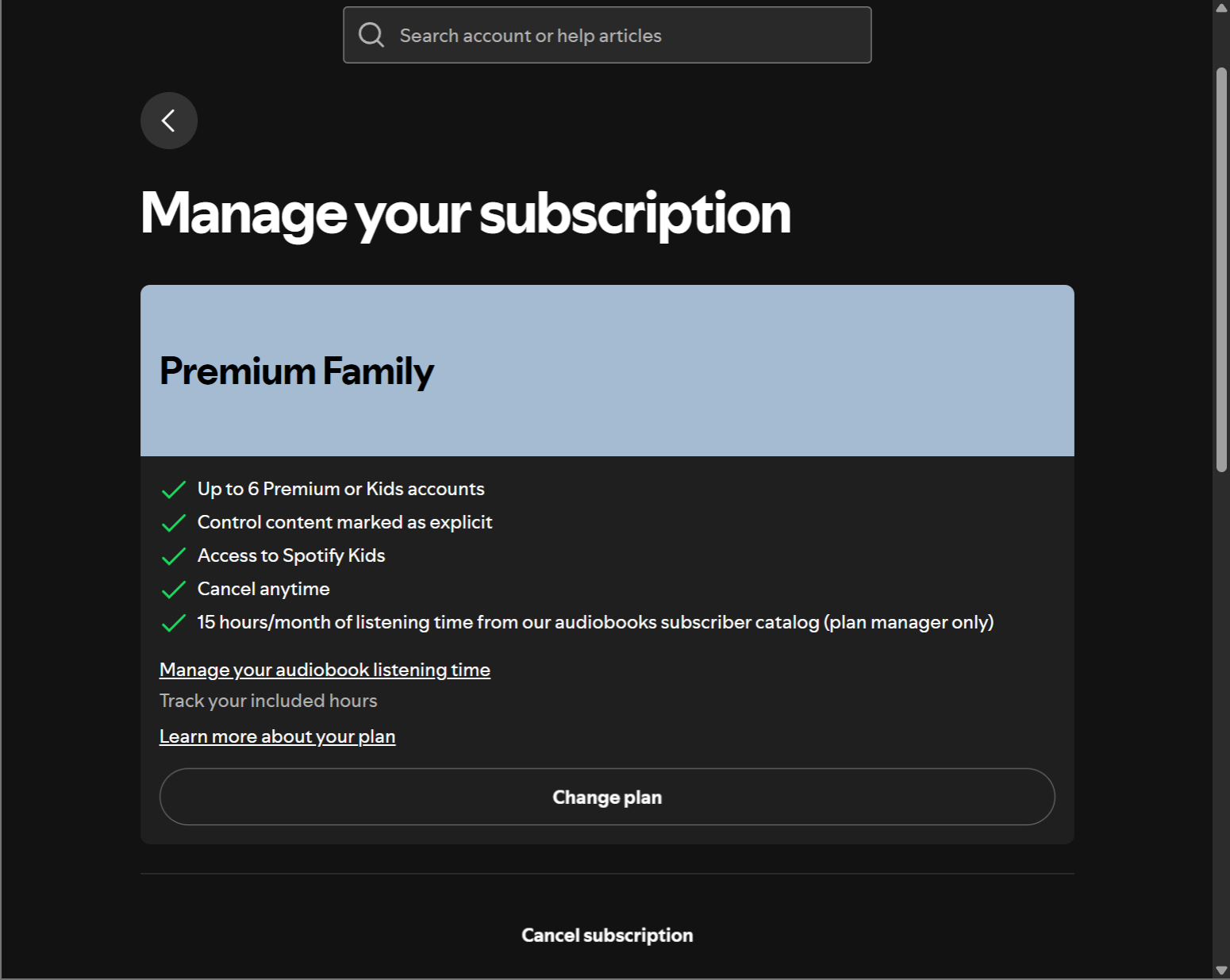 A screenshot showing the management options for a Spotify Premium Family plan.