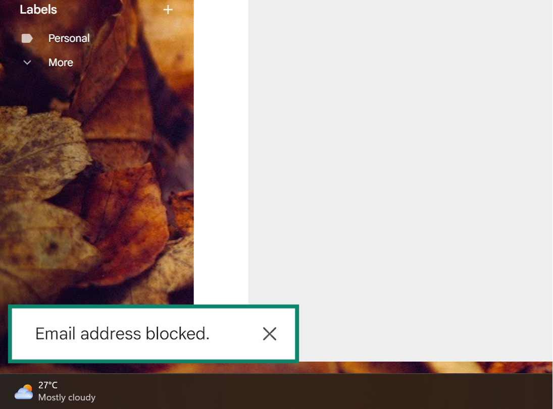 Gmail notification saying that an email address was blocked successfully.