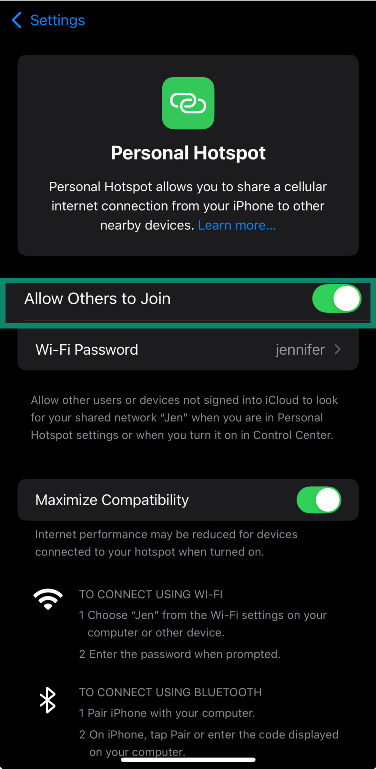 iPhone Personal Hotspot settings screen with Allow Others to Join toggle enabled