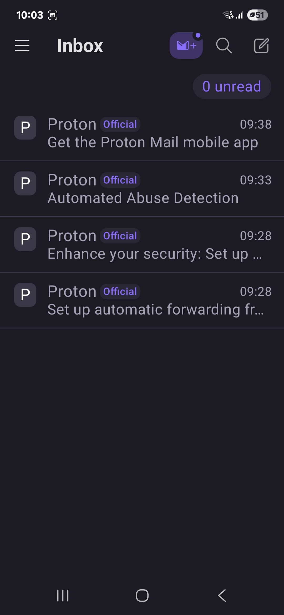 ProtonMail app inbox on Android.