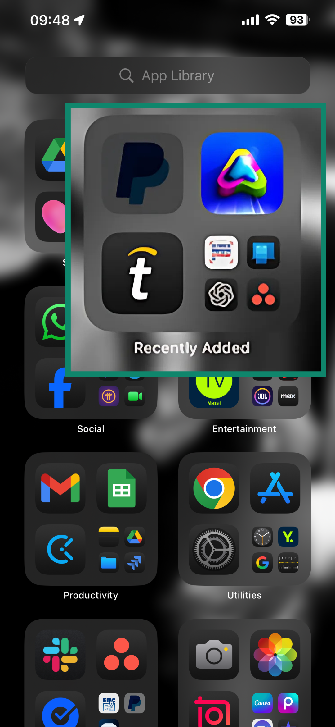 iPhone App Library screen highlighting the Recently Added folder.