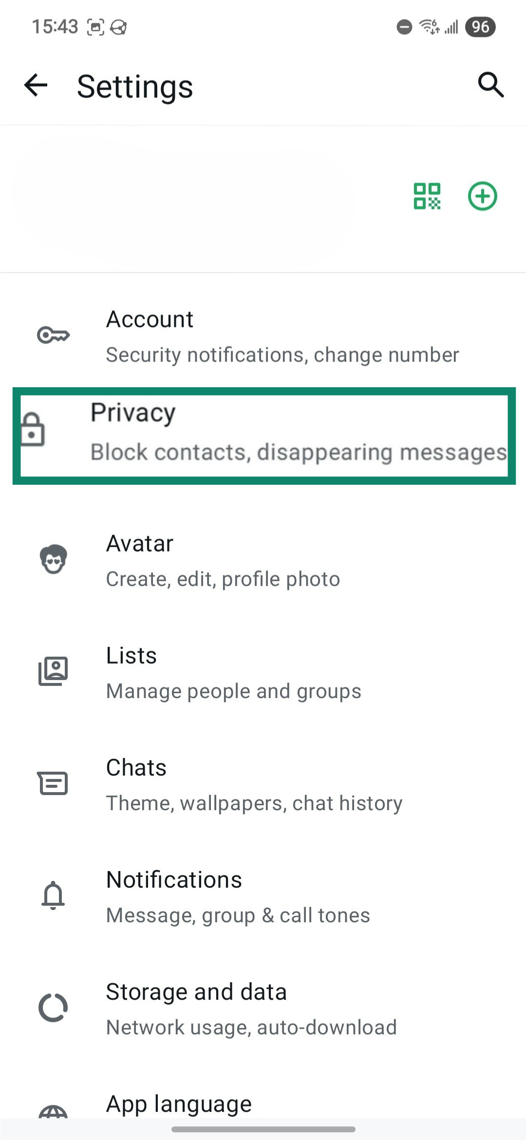 WhatsApp's settings menu showing the privacy pane.