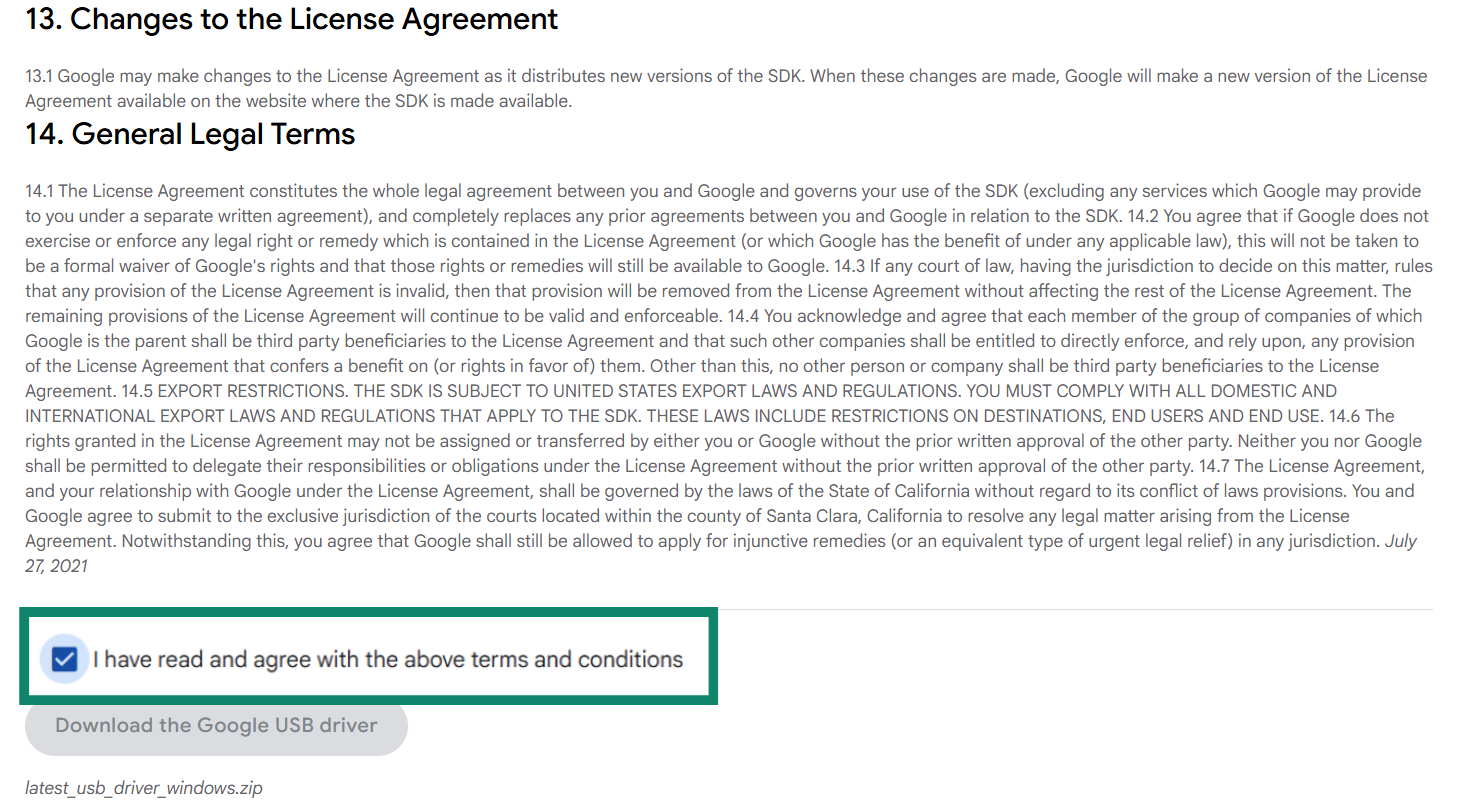 Google USB driver license agreement acceptance and download button.
