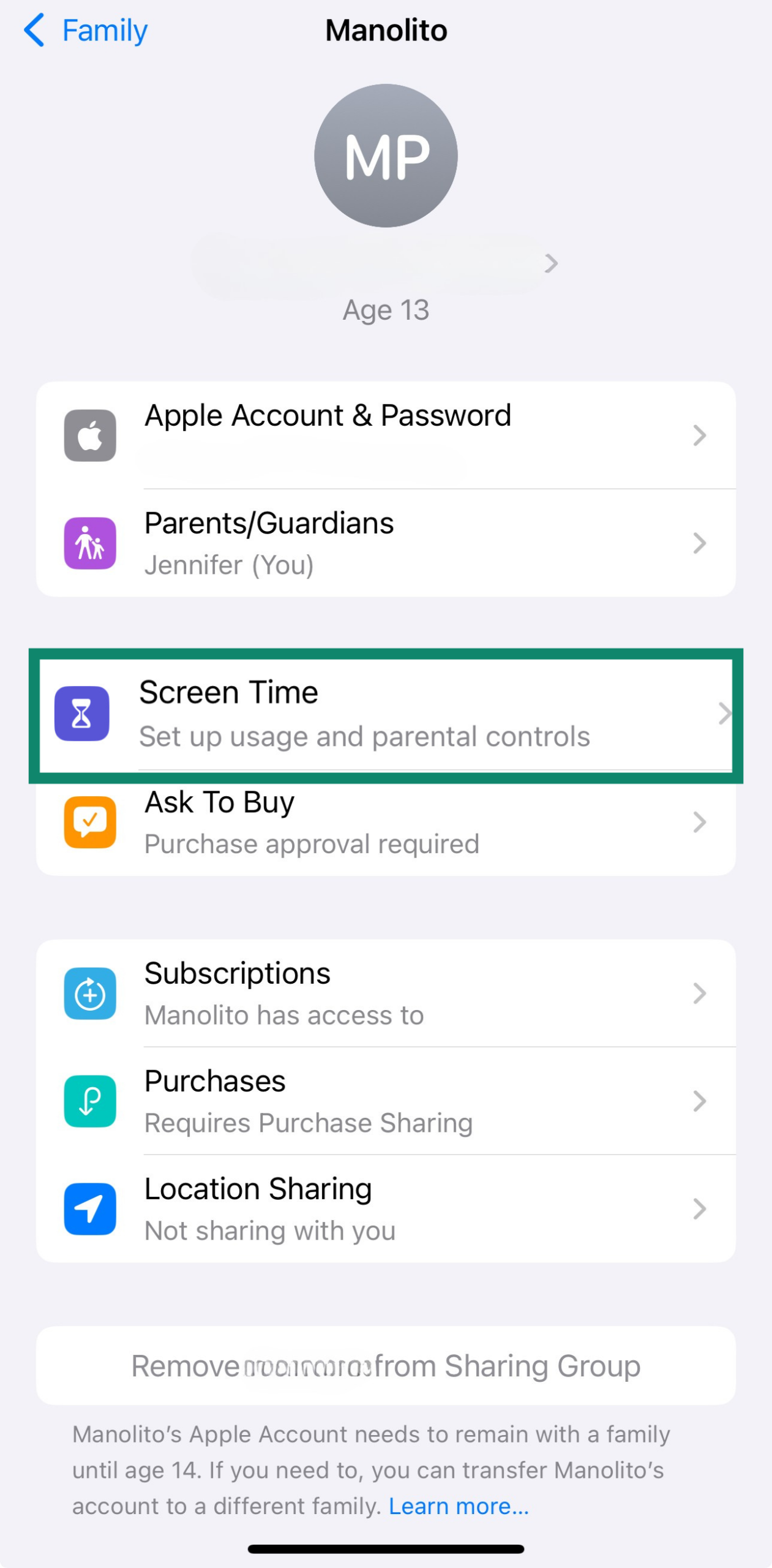Screen Time menu opened under child’s account on iPhone