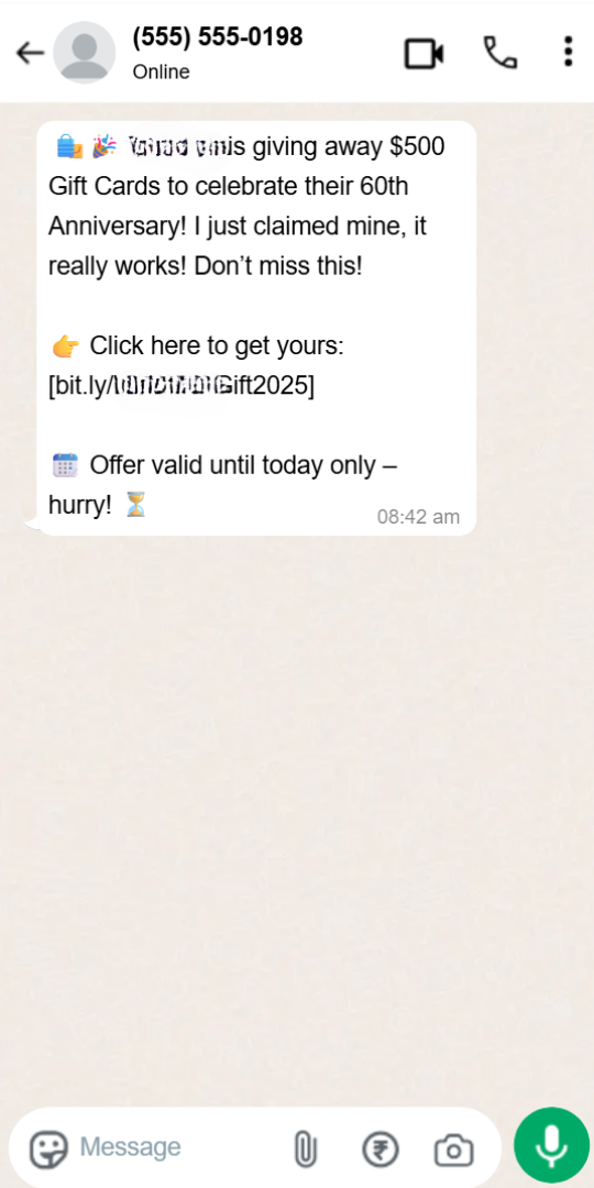 A phishing scam message on WhatsApp offering a free $500 Walmart gift card. It uses a suspicious link and false urgency to trick people into clicking.